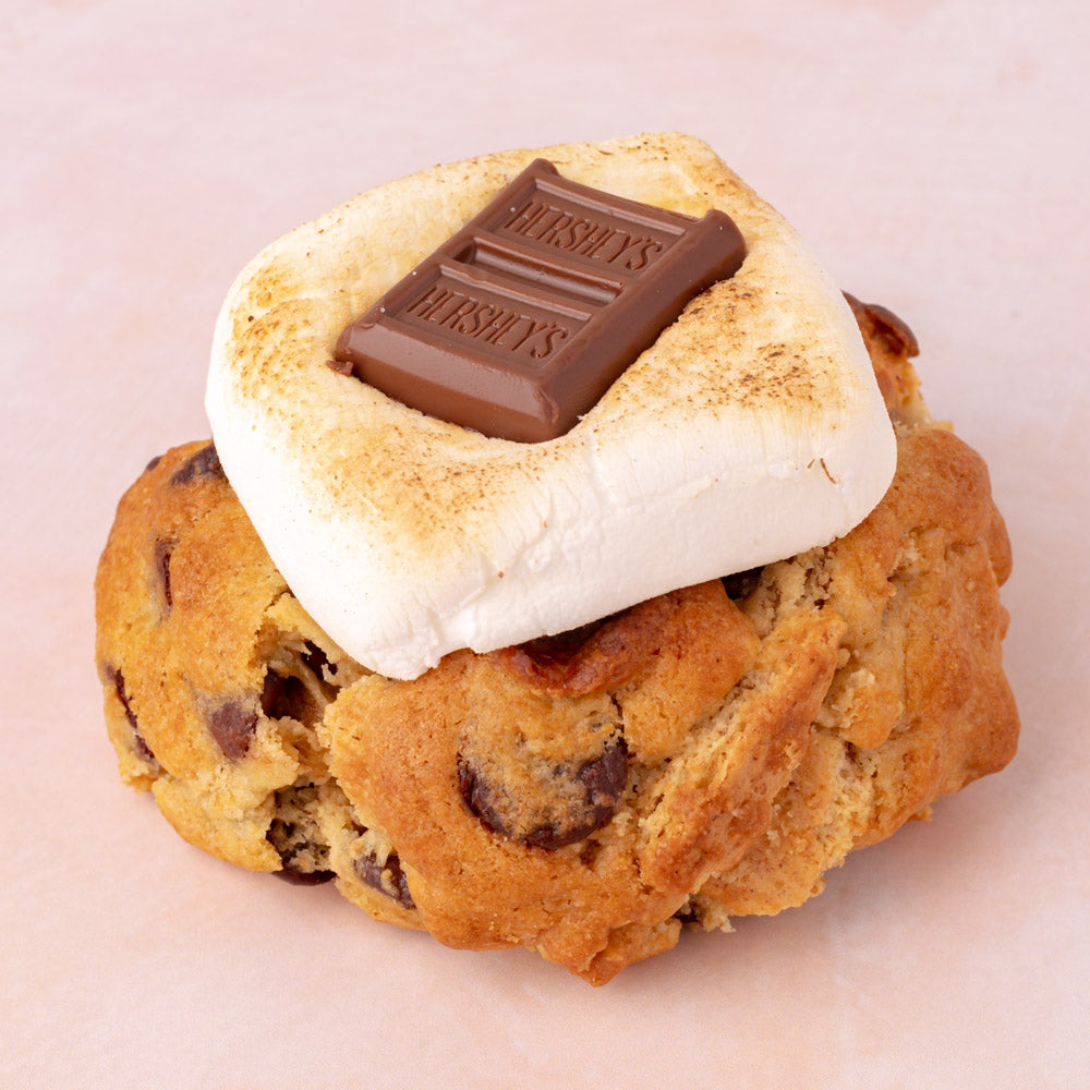 NY Style S'mores Cookies with golden edges and gooey center