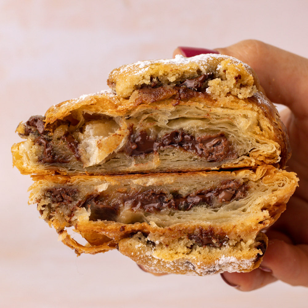 Chocolate Chip Crookie with golden edges and gooey center