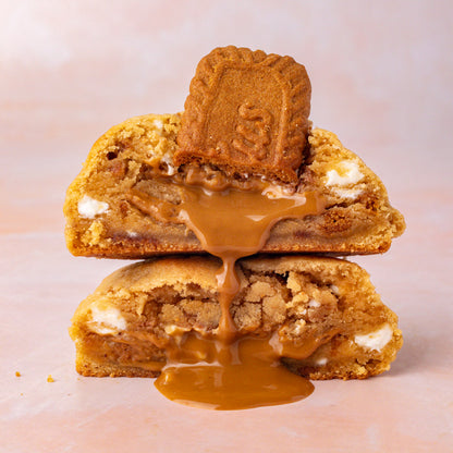 NY Style Biscoff Stuffed Cookie with golden edges and gooey center