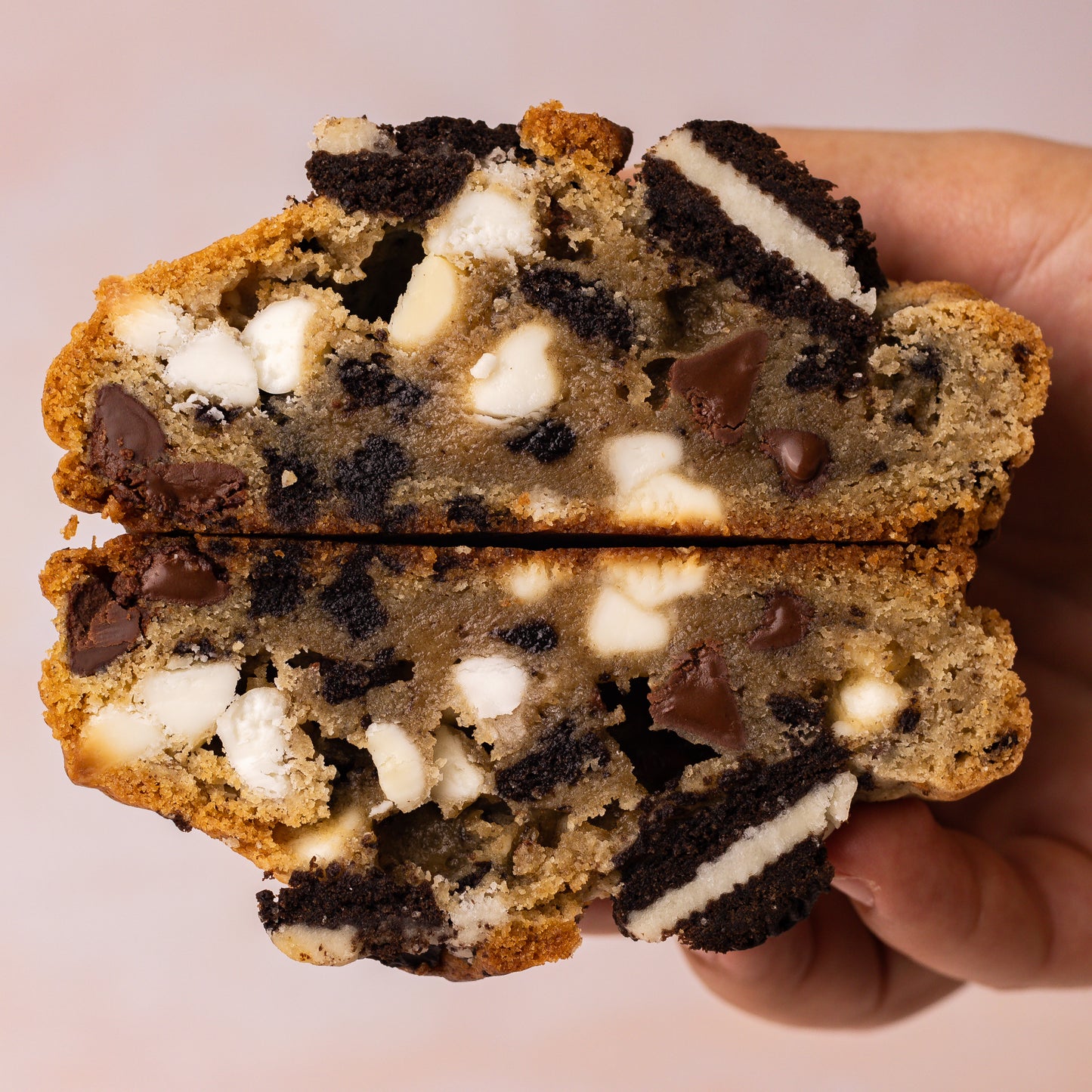 NY Style Cookies and Cream Cookie with golden edges and gooey center