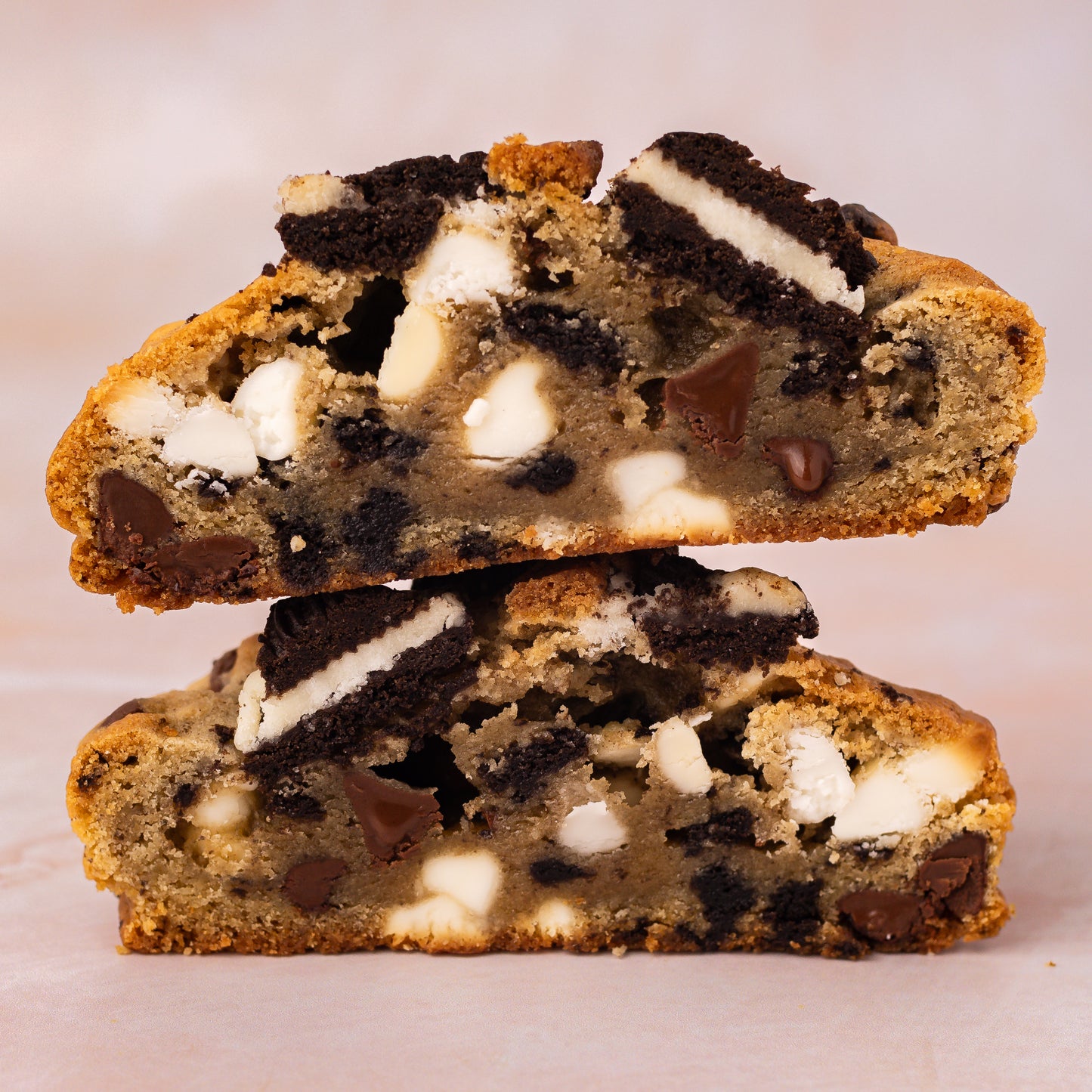 NY Style Cookies and Cream Cookie with golden edges and gooey center