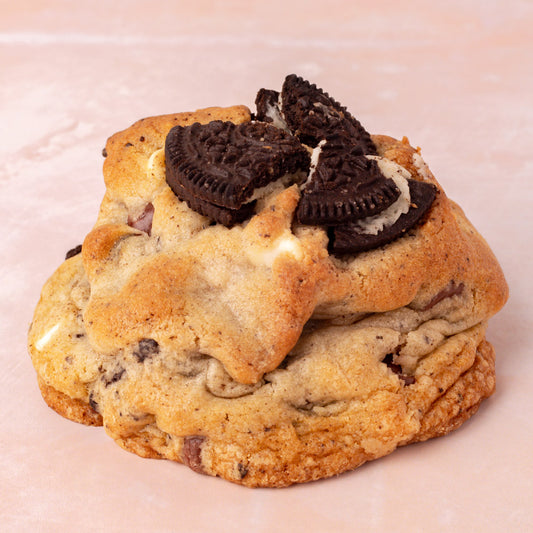 NY Style Cookies and Cream Cookie with golden edges and gooey center