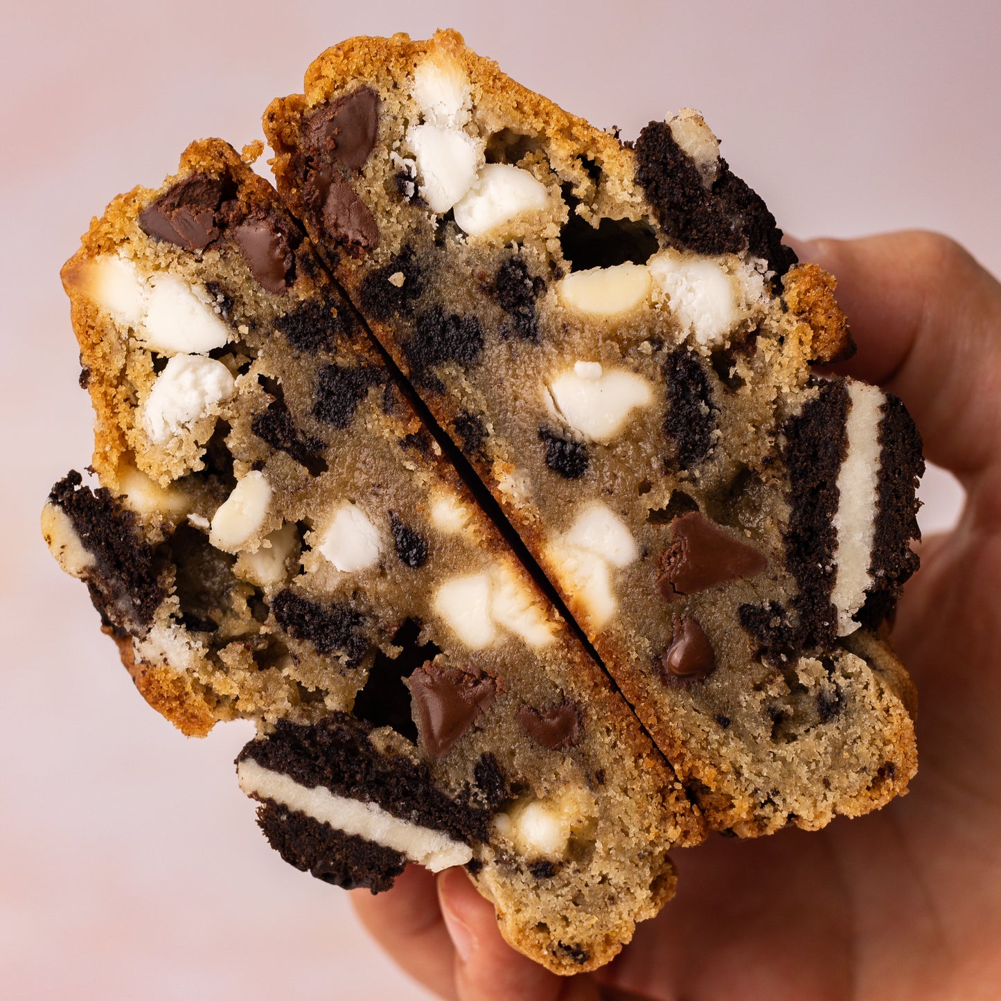 NY Style Cookies and Cream Cookie with golden edges and gooey center