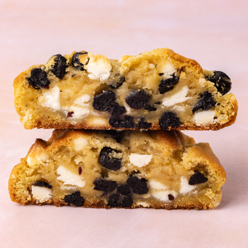 NY Style Lemon Blueberry Cookies with golden edges and gooey center