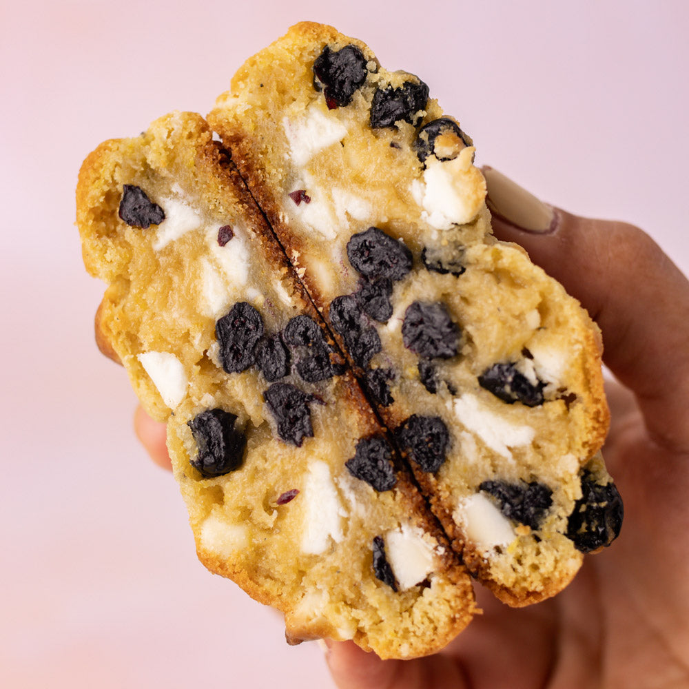 NY Style Lemon Blueberry Cookies with golden edges and gooey center