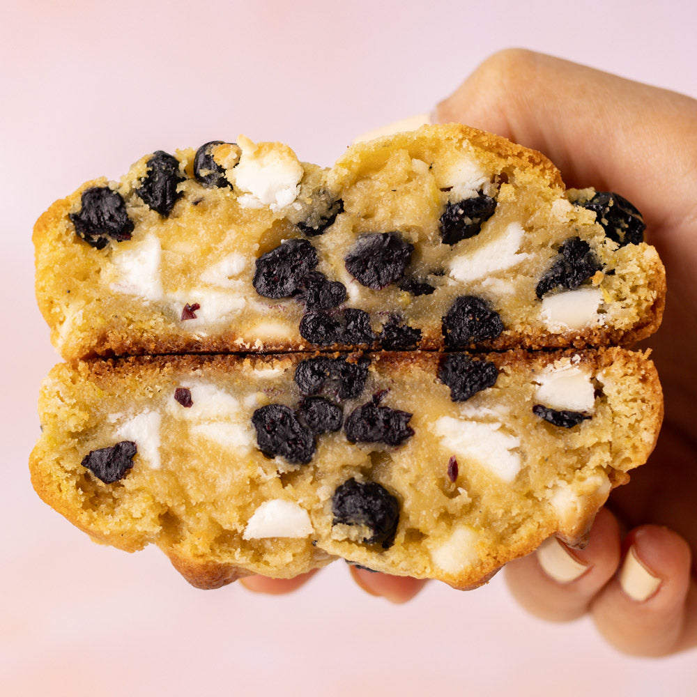 NY Style Lemon Blueberry Cookies with golden edges and gooey center